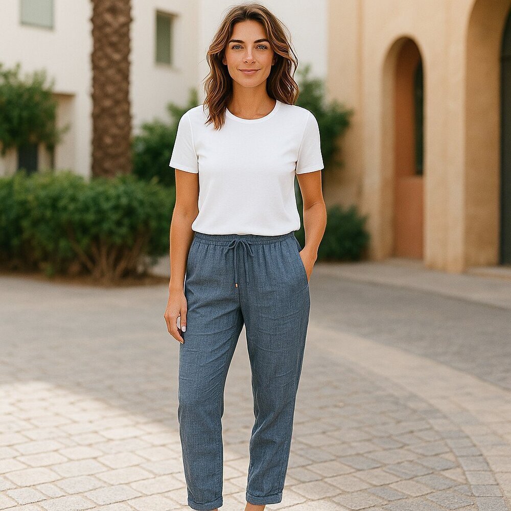 Ellen Tracy Linen Ladies Size Large Comfy Drawstring Pants Pockets Beachy Blue